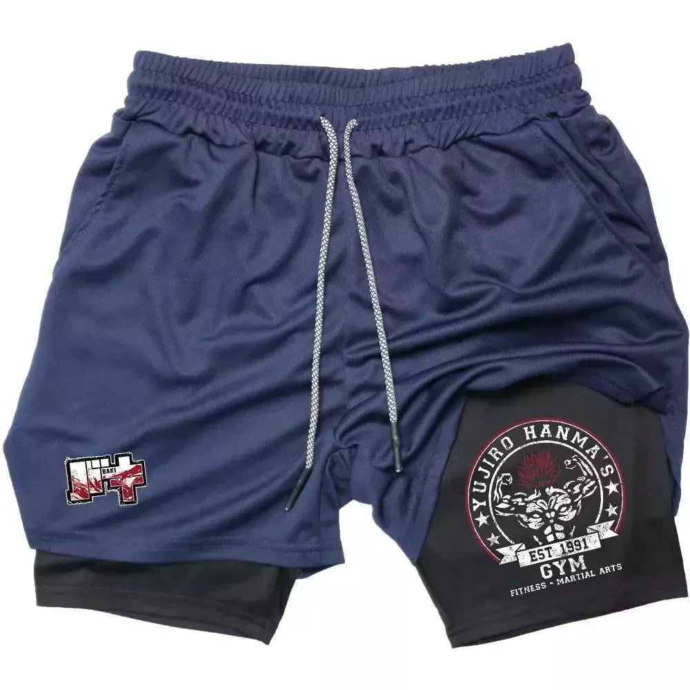 Masculino Anime 2 em 1 Calções Esportivos, Calções de Compressão Atlético Calças de Treino Fitness Running Sportwear, Desempenho Ginásio