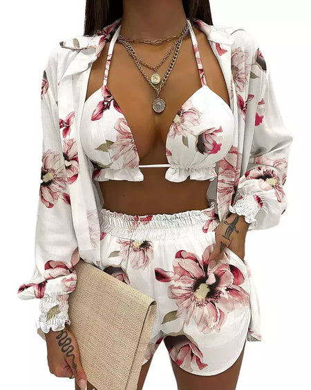 Fato de banho feminino de três peças, moda praia sexy, biquíni de cintura alta, maiô estampado, shorts para cobrir, moda praia de verão, novo 2024