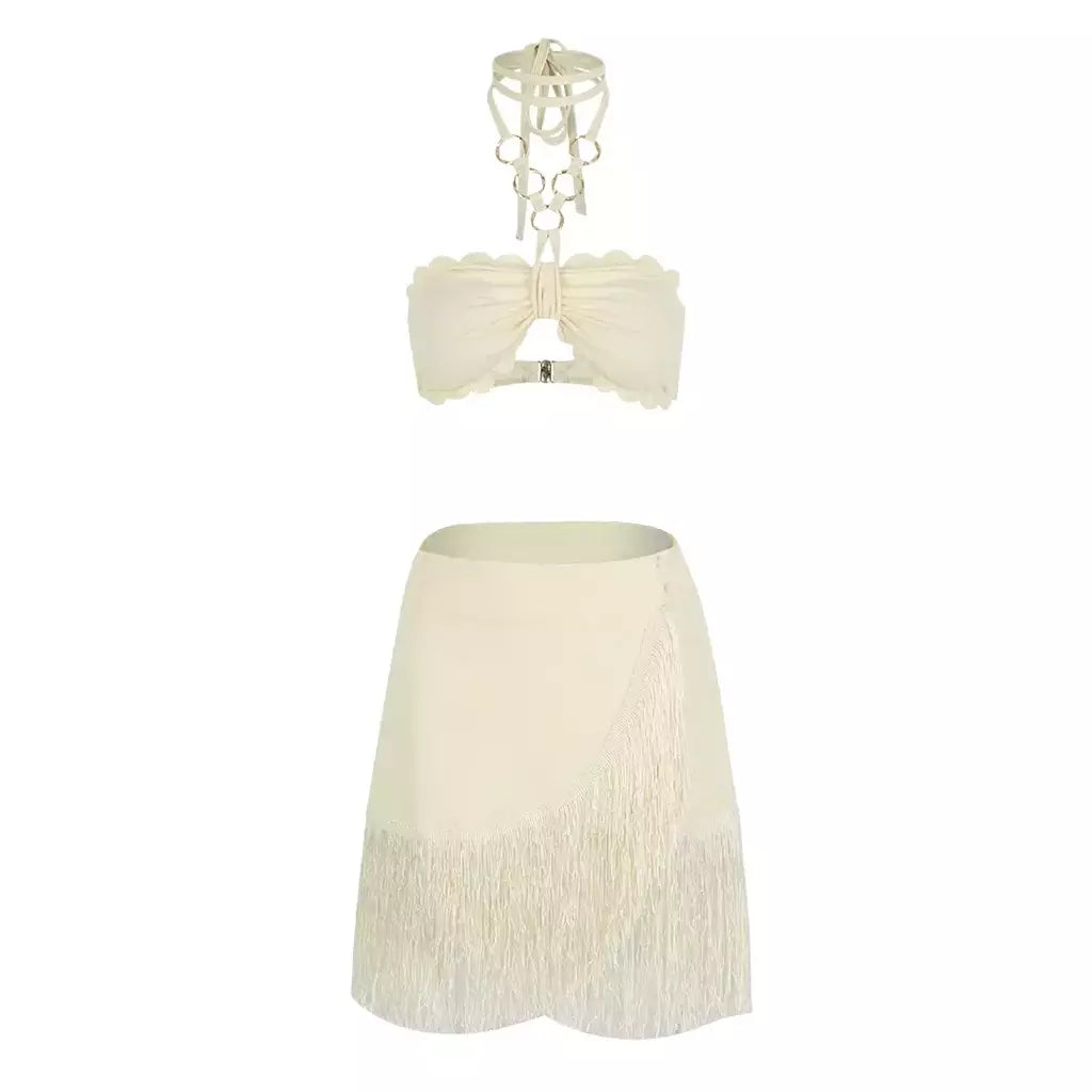 Conjunto sexy de biquíni feminino, sutiã de renda, mini saia, férias de praia, fato de banho feminino casual, 2 peças, verão