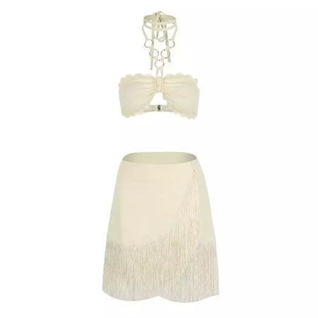 Conjunto sexy de biquíni feminino, sutiã de renda, mini saia, férias de praia, fato de banho feminino casual, 2 peças, verão