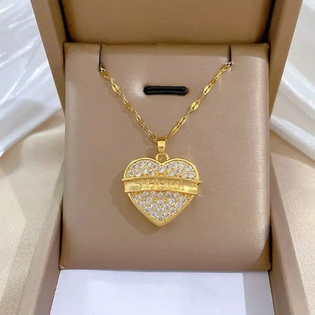 Colares Coração de Zircônia em Aço Inoxidável Mulheres Colar Metal Cor Dourada Festa de Aniversário Joias Diárias para meninas, Trendy and Love