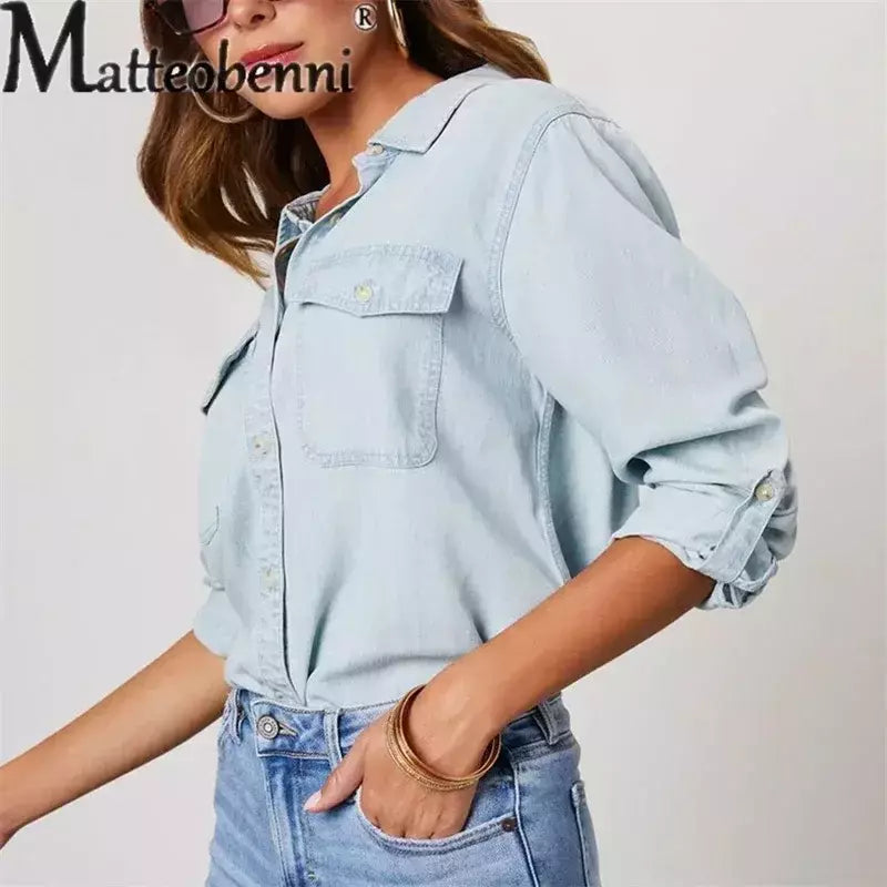 Camisa jeans fina de peito único feminina, bolso de emenda, manga longa, tops de lapela, confortável, blusa casual para mulheres, outono