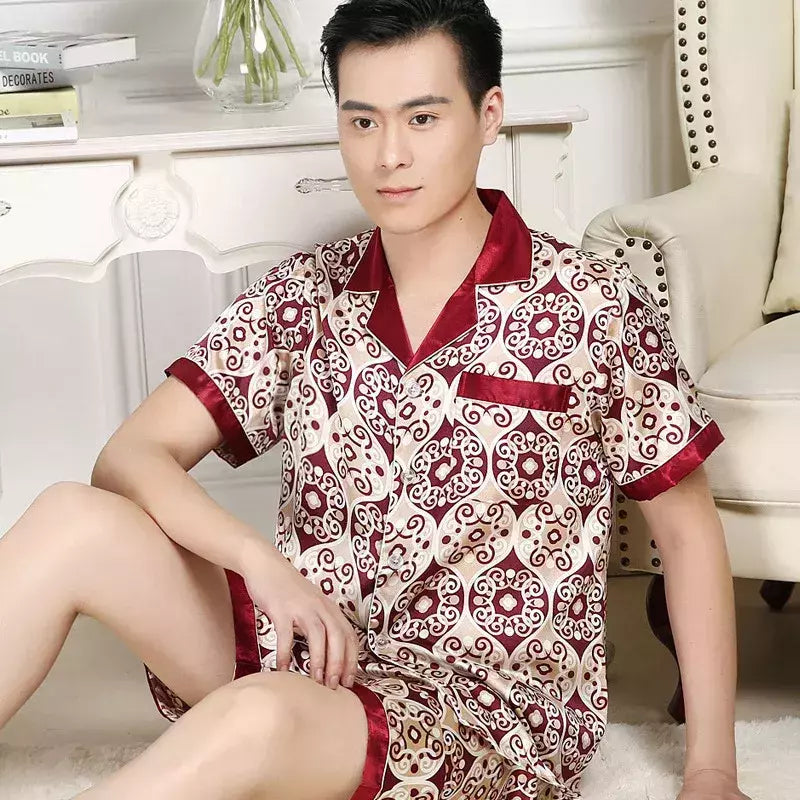 Conjuntos de pijama masculino de cetim de seda manga comprida, pijamas masculinos, camisola estampada, Casa, Soft Cozy Sleepwear Calças, Novo