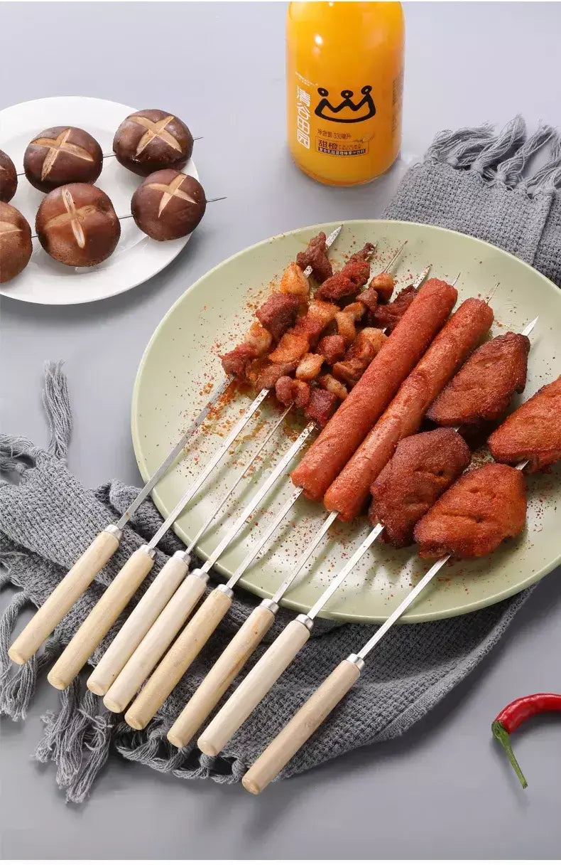 5/10 peças espetos de churrasco anti-escaldante com cabo de madeira podem ser reutilizados 304 espetos de churrasco de metal de aço inoxidável espetos largos