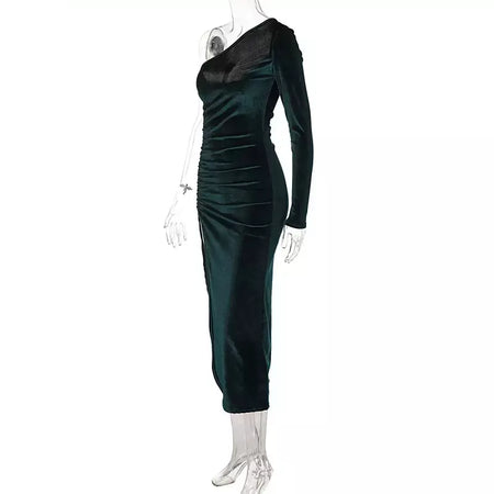 Feminino elegante manga longa festa noite veludo bodycon split lápis midi vestido primavera outono roupas