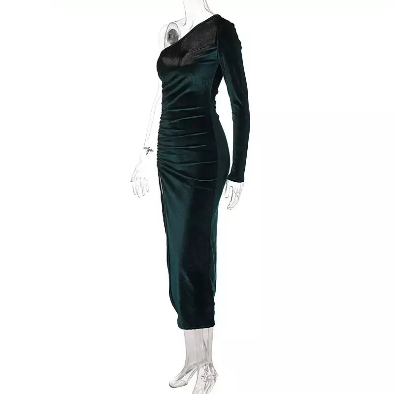 Feminino elegante manga longa festa noite veludo bodycon split lápis midi vestido primavera outono roupas