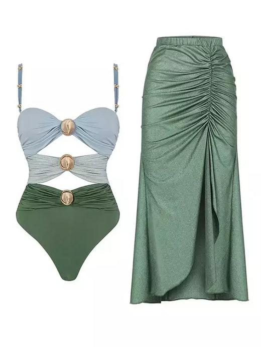 Biquíni feminino com cabeçada oca, peça única retrô elegante, cor fresca, gradiente sólido com saia elástica, moda banho, 2024