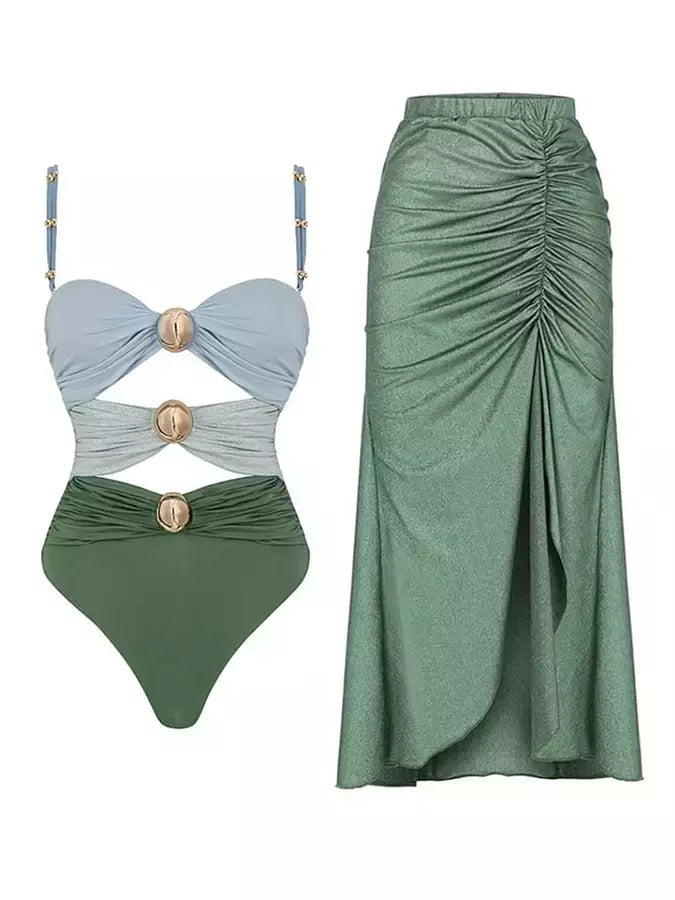 Biquíni feminino com cabeçada oca, peça única retrô elegante, cor fresca, gradiente sólido com saia elástica, moda banho, 2024