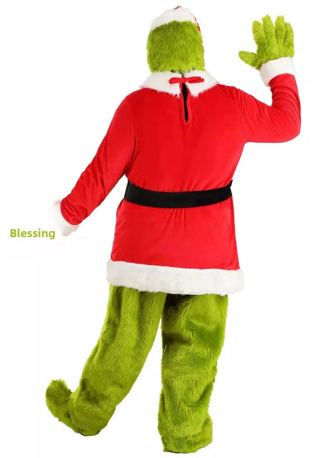 Venda quente da temporada halloween verde grinch cosplay traje papai noel com calças de pele conjunto jogar traje em massa monstro verde gri