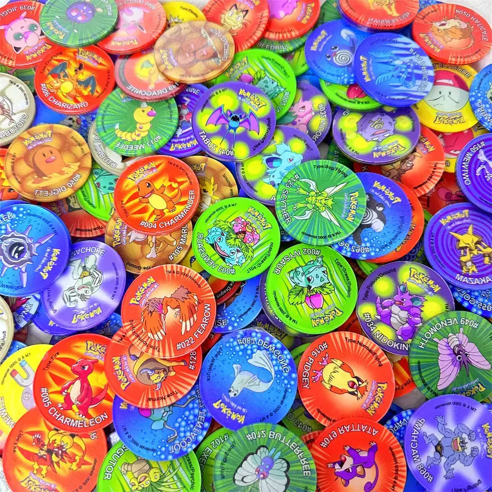 Material acrílico tazos pokemon 1a edição ash ketchum starter pokemon torneiras coleção cartão acrílico pikachu trainer redondo pogs