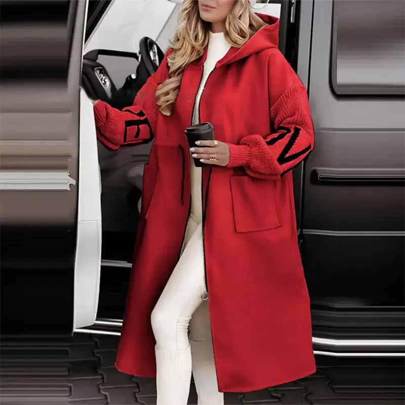 Casual longo retalhos casacos de malha feminino casual hoodies rendas até bolsos jaquetas femininas 2024 outono inverno nova senhora outerwears