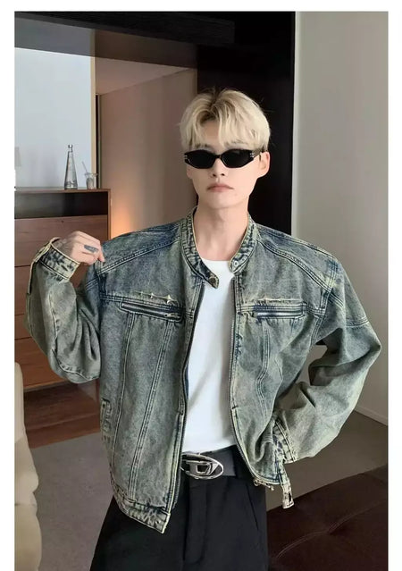 Jaqueta jeans de rua masculina, vintage lavada, jaqueta de caubói angustiada, streetwear casual, primavera, novo, estilo americano, zíperes