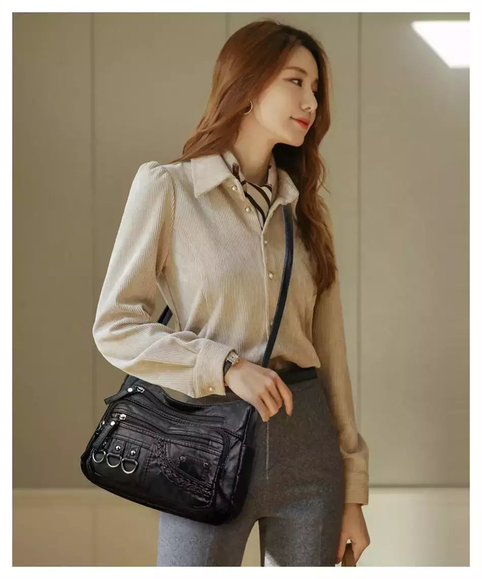 Bolsa de bolso multi couro PU vintage feminina, bolsas de ombro transversais femininas, bolsas de design de luxo, alta qualidade, 2023