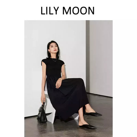 LILYMOON-vestido longo de emenda francês, saia de cintura alta, preto, fino, temperamento, cem, moda, verão