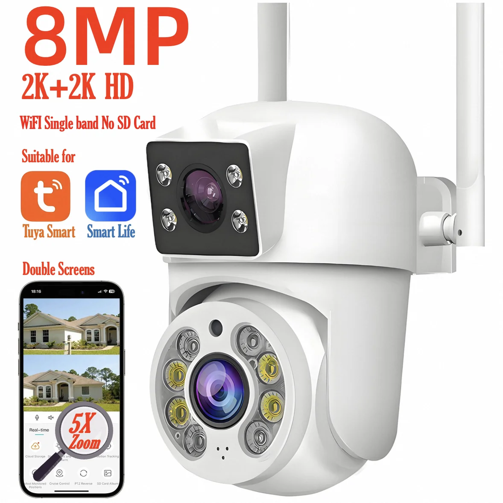Tuya 8mp wifi câmera ip ptz lente dupla tela dupla detecção manual cor cheia visão noturna câmera de vigilância segurança ao ar livre