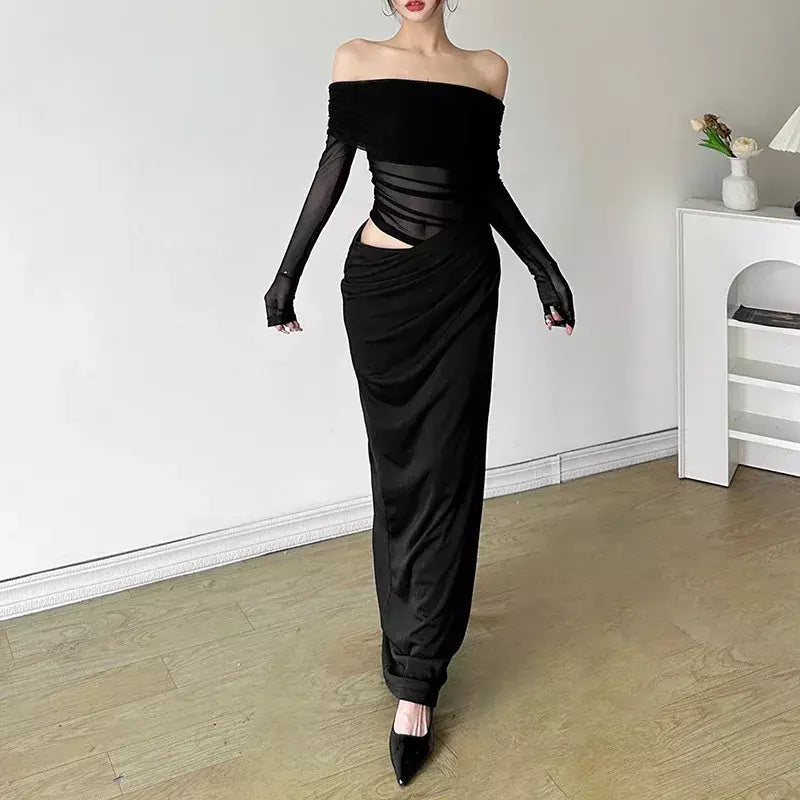 Oco sexy vestido longo feminino um ombro malha transparente festa noite vestido de malha verão moda cor sólida maxi vestidos