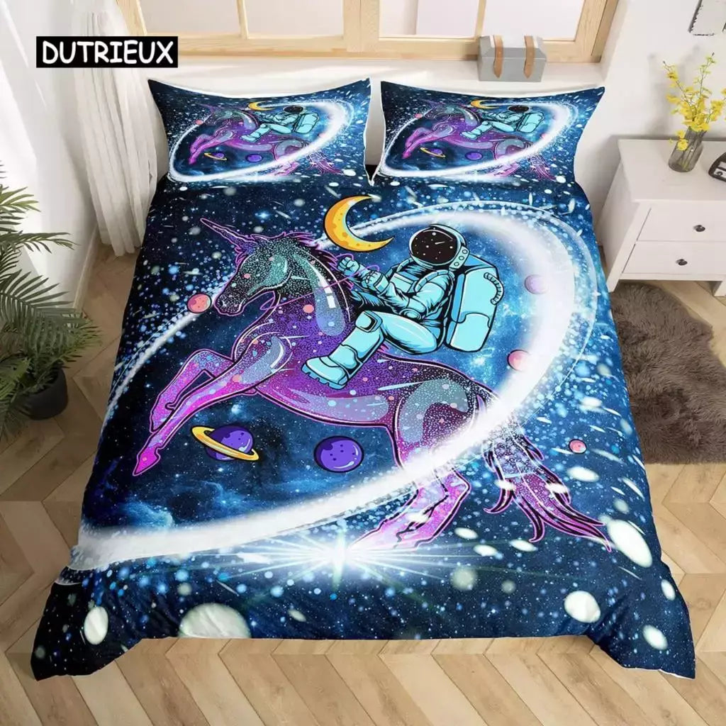 Conjunto de cama para meninos da aviação dos desenhos animados, astronauta Duvet Cover, Blue Sky Dream Quilt Cover, gêmeo, único, tamanhos duplos, fronha