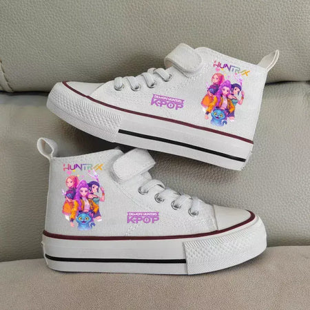 Novas crianças sapatos de lona de alta qualidade meninas sapatos kpop demônio caçadores crianças sapatos de placa branca estudante correndo tênis sapatos brancos