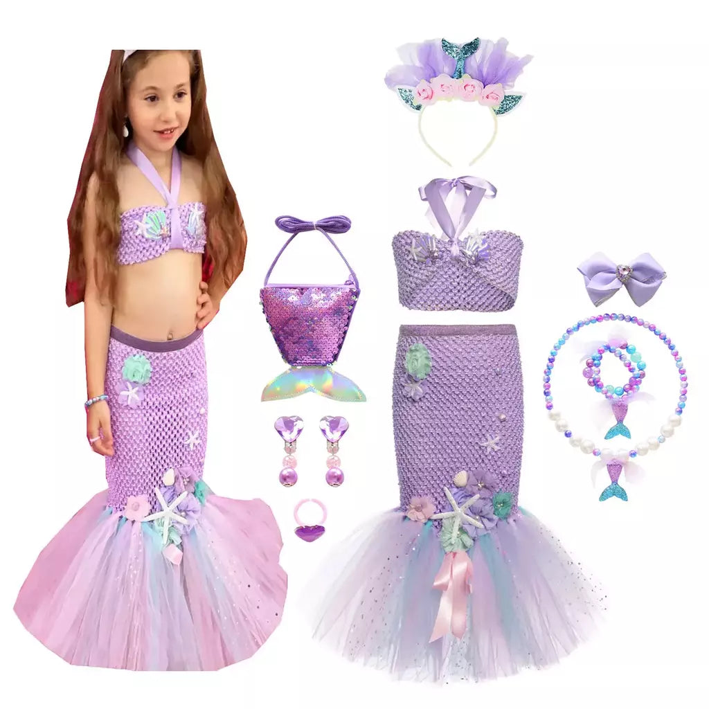 Meninas escala roxa princesa sereia ariel cosplay vestido de halloween vestido de festa de aniversário meninas verão praia vestido de férias