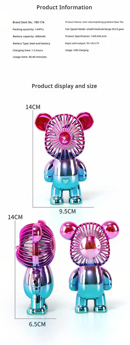 2024 galvanoplastia mudança gradual urso ventilador mini cor graffiti ventilador portátil de carregamento usb pequeno ventilador refrigeração ventiladores elétricos