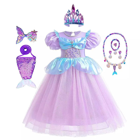 Meninas roxo-azul sereia ariel cosplay vestido de halloween vestido de festa de aniversário meninas praia vestido de férias