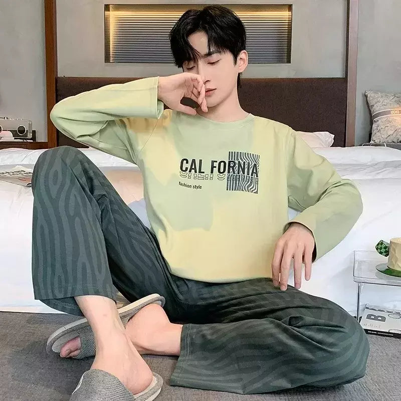 Pijama de algodão de duas peças masculino, calça de manga comprida, traje caseiro, estudante e adolescente, novo outono