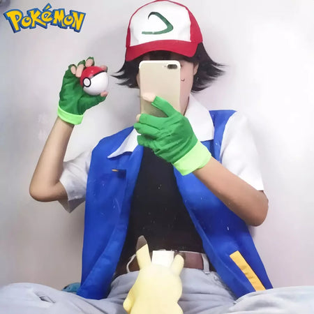 Anime dos desenhos animados cinza ketchum trainer jaqueta azul traje p-pokemoning ir jaqueta azul chapéus luvas para meninos meninas cosplay para festa