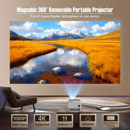 Magcubic L018 4K 650ANSI Projetor Portátil Nativo 1080P Foco Automático Correção Keystone Android 11 BT5.2 WIFI6 360 ° Cinema em casa