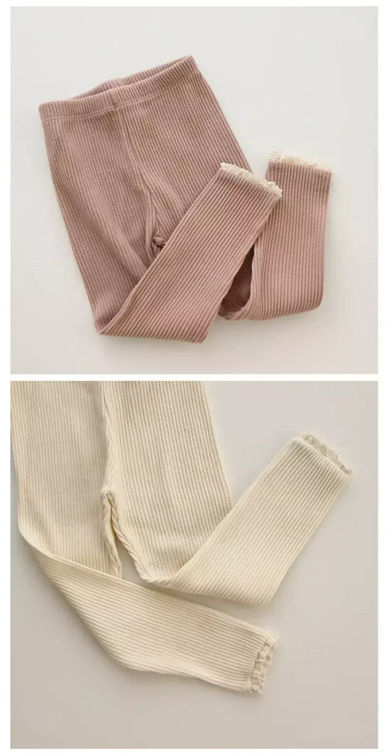 Outono novo bebê com nervuras rendas leggings menina da criança casual calças de algodão menino infantil sólido kintted calças criança calças de fundo