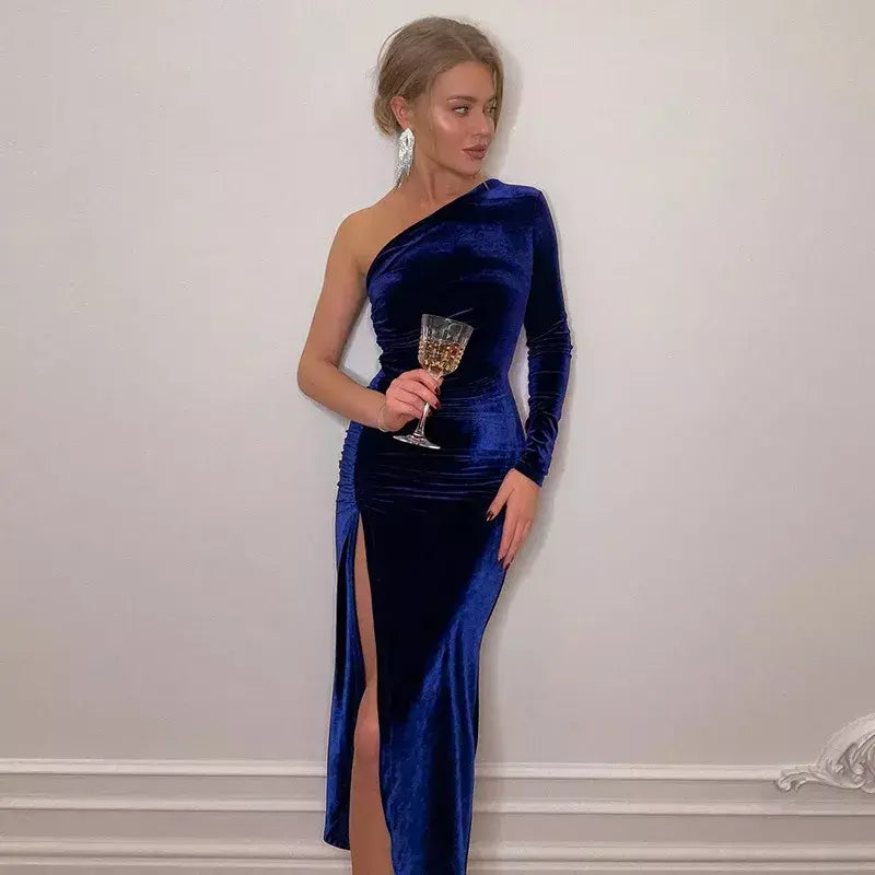 Feminino elegante manga longa festa noite veludo bodycon split lápis midi vestido primavera outono roupas