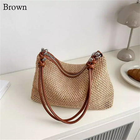 Saco de palha tecido Rattan para senhoras, sacola de grande capacidade, bolsa trançada artesanal, bolsa de ombro, moda