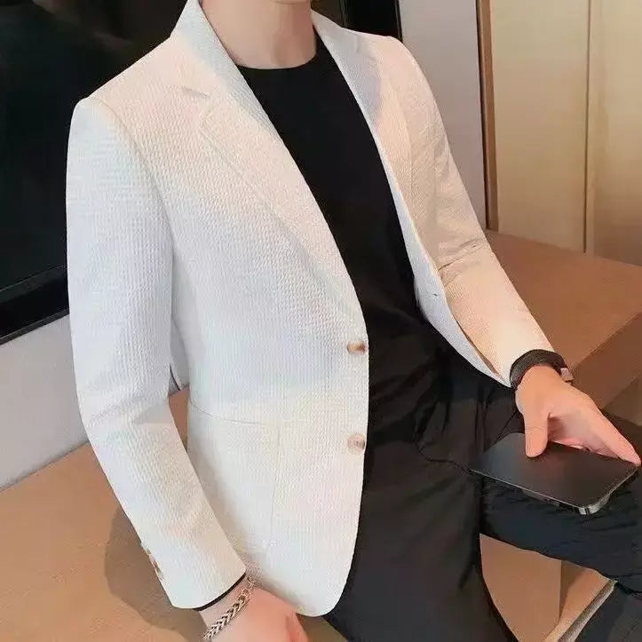 Ternos e blazers brancos masculinos, roupas estilo coreano, casacos com seios simples, jaquetas, jaqueta de waffle masculina, roupas