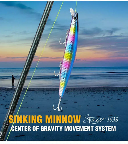 TSURIKNOYA-STINGER 163S-Ultra Long Casting Saltwater Sinking Minnow, Iscas de Pesca, Iscas Artificiais Duras para Robalo, 163mm, 34.2g
