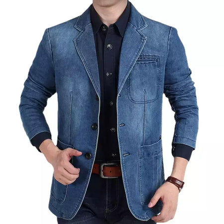Blazers jaqueta masculina casual denim fino bolso splicing casaco masculino manga comprida único breasted turn-down collar blazers jaqueta