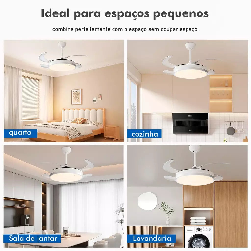 Ventilador de Teto Inteligente com Luz Invisível 3CCT e Controle Remoto - Design Dobrável, 3 Velocidades, Timer e App Tuya