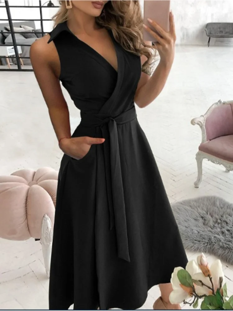 Vestido feminino com decote em V, manga curta, cor sólida, bolso, elegante, escritório, moda, estilo de viagem, vestido de verão