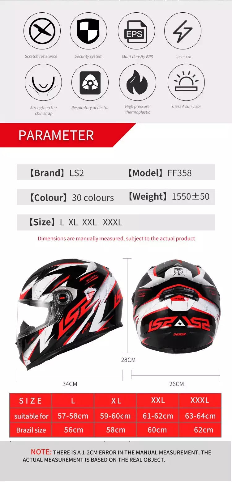 Ls2 rosto cheio capacete da motocicleta das mulheres dos homens capacete de motocross de alta resistência abs escudo 3c aprovado acessórios da motocicleta ff358