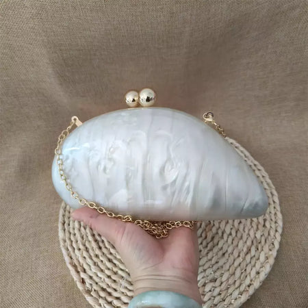 Oval Irregular Pérola Acrílico Box Evening Bag, Senhoras Designer De Luxo Bolsas, Festa De Casamento, Handmade Bolsas, Branco, Novo