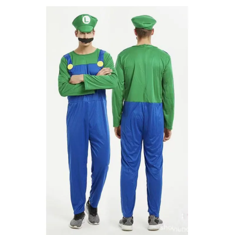 Luigi masculino disfarçado roupas de luxo para adultos super irmão roupas role-playing fantasia vestido conjunto chapéus e barba masculinos e femininos