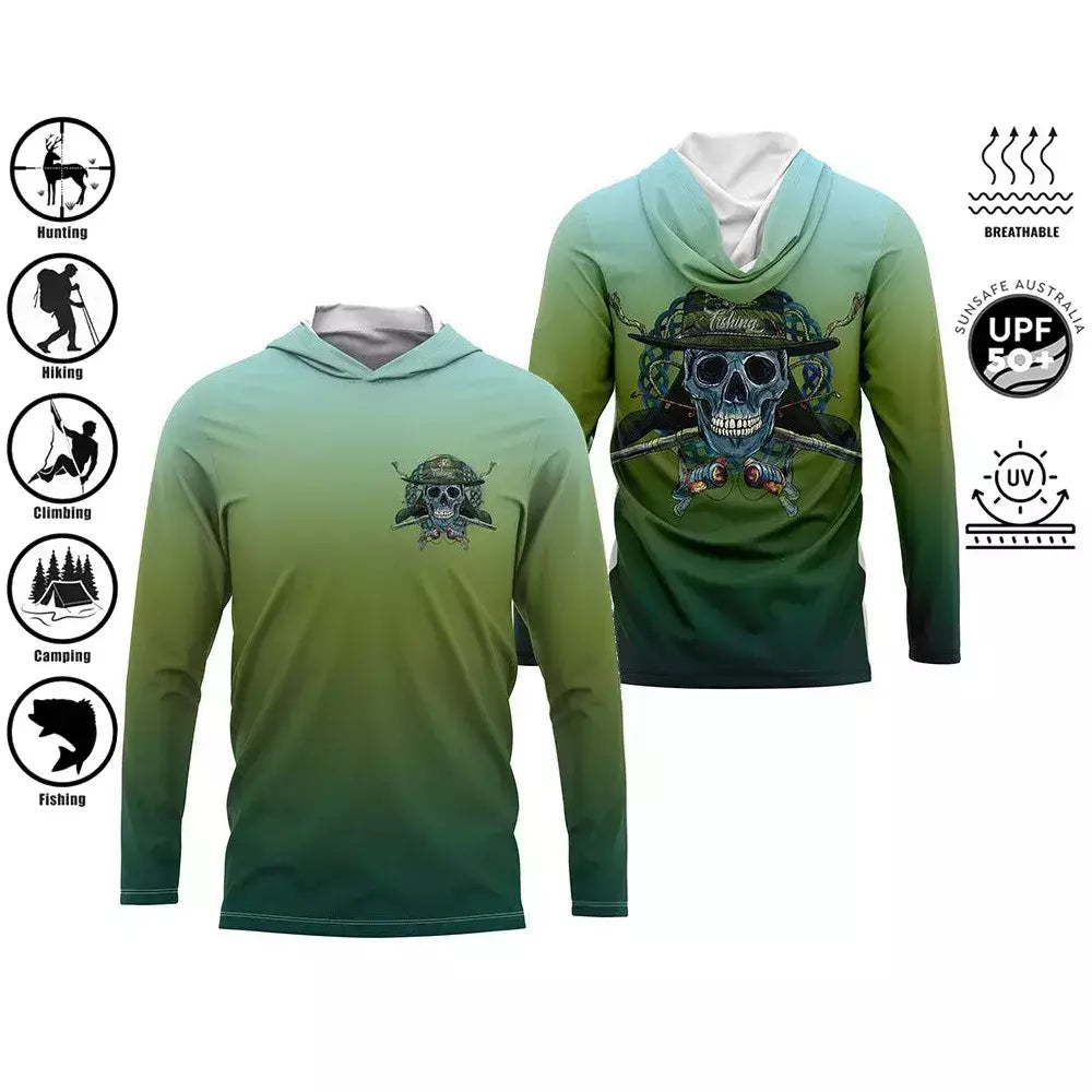 Camisa de pesca com capuz, camisa de pesca com capuz, proteção uv, padrão de moda ao ar livre, estampa de umidade, homem, vestuário de pesca