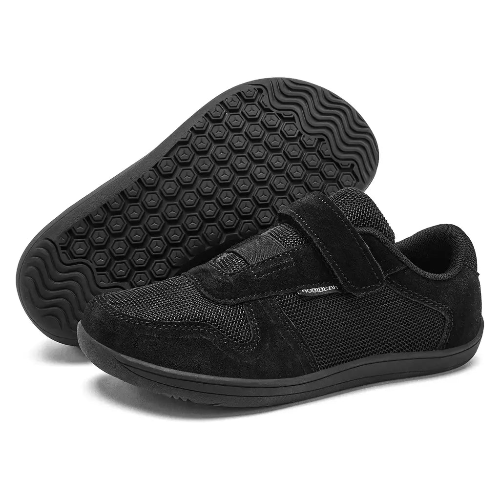 Hobibear crianças dedo do pé largo sapatos descalços pouco/grande/criança gancho loop minimalista tênis malha de couro artificial sapatos leves