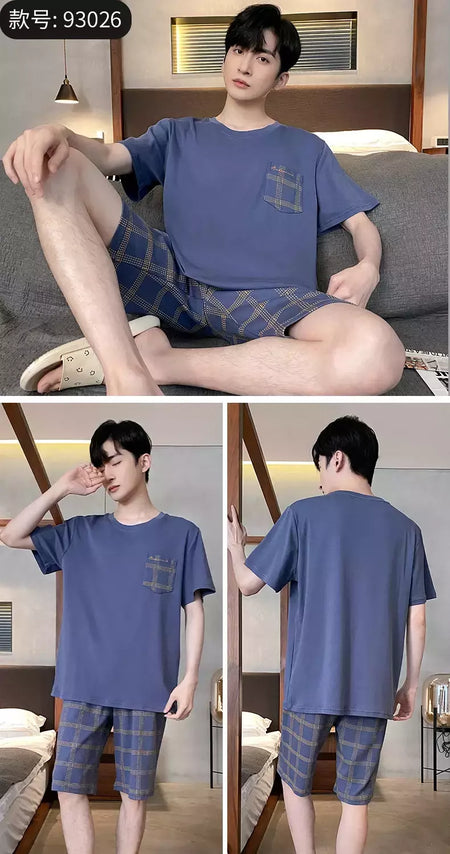 Verão Mens Plus Size Lounge Wear Moda Pijama De Algodão Manga Curta Pj Set Impresso Elegante Xadrez Homewear 3xl 4xl Pijamas