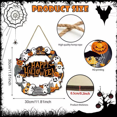 Novo sinal decorativo de madeira 2d de halloween com abóbora de gato preto e fantasma-design "bem" para pendurar na porta decoração de festival fantasma
