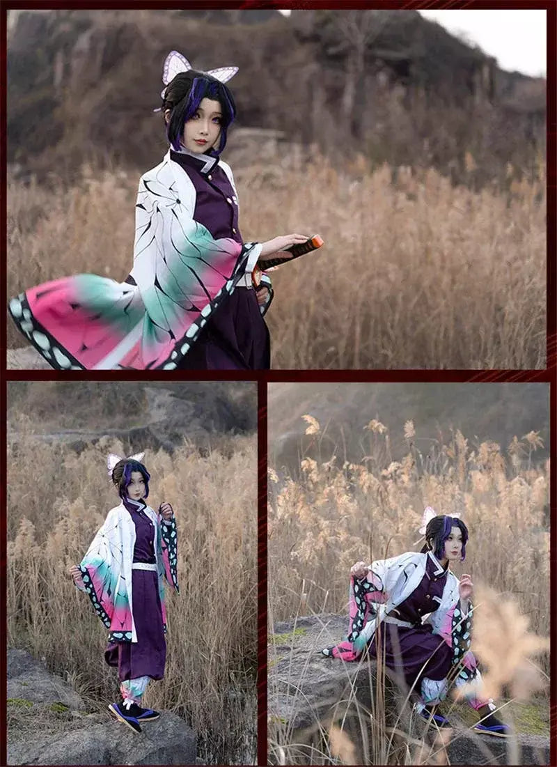 Anime demon slayer kimetsu geen yaiba kochou shinobu cosplay kostuum pruik conjunto quimono uniforme halloween anime kostuums para criança