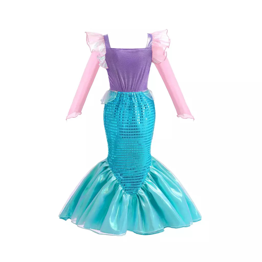 Meninas roxo-azul sereia ariel cosplay vestido de halloween vestido de festa de aniversário meninas praia vestido de férias