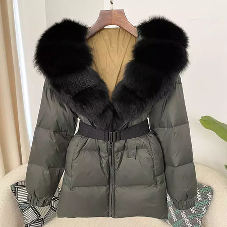 Oftbuy 2024 jaqueta de inverno feminina gola de pele de raposa natural real com capuz grosso quente 90% pato branco para baixo casaco feminino streetwear casual