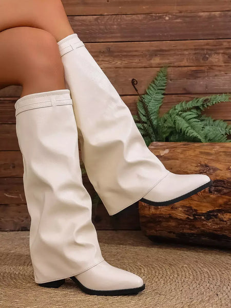 Moda plissada bota de salto alto outono novo tamanho grande estilo britânico calças de tubo alto bota feminina transfronteiriça lindamente