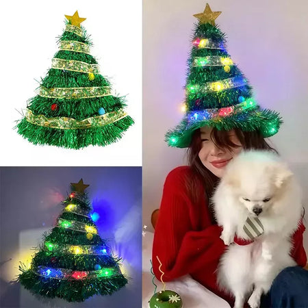 Led light up árvore de natal fita chapéus bonito engraçado chapéu de papai noel luminoso fantasia vestir-se boné para festa de natal presente foto adereços