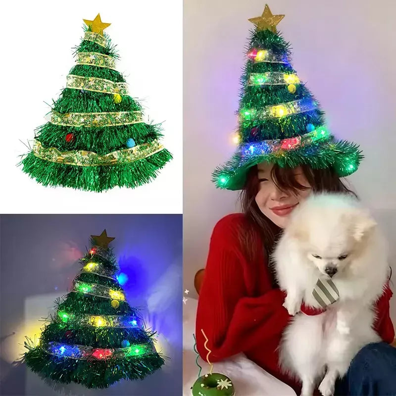 Led light up árvore de natal fita chapéus bonito engraçado chapéu de papai noel luminoso fantasia vestir-se boné para festa de natal presente foto adereços
