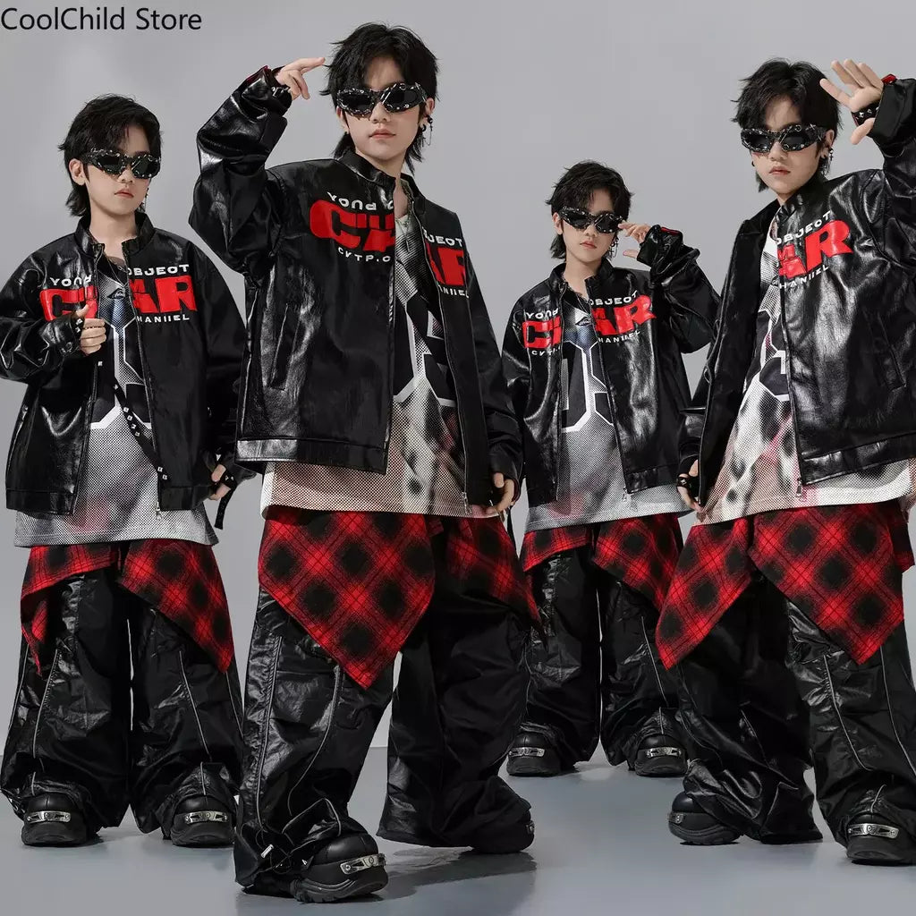 Meninos hio hop letras jaqueta de couro dança de rua calças de carga soltas meninas k-pop streetwear crianças conjunto de roupas jazz traje